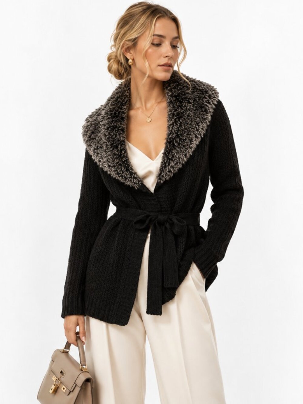 Say What Y2K Sweater Womens L Black Wool Blend Faux Fur Chunky Cozy Chic